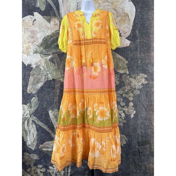 NWT Farm Rio Anthropologie Short-Sleeve Tiered Yellow Midi Dress Size SMALL - Picture 10 of 11